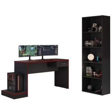 Imagem de Mesa Gamer 1 Gaveta E Estante Livreiro Preto Vermelho ARLY - Milani St