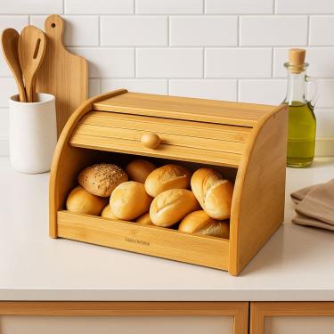 Imagem de Caixa Porta Pão De Bambu Abertura Frontal 27cm x 20cm x 18cm - Jolitex MEK - Natural