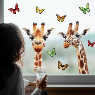 Imagem de Peacoblue Adesivo adesivo adesivo de janela estática dupla face para janelas de carro de vidro grandes, 1 folha, girafa engraçada espreitando para fora 120 x 30 cm, decalque de janela removível à