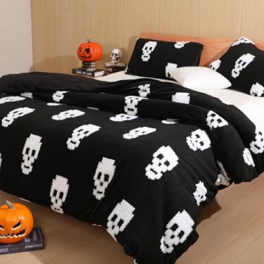 Imagem de HunnmingRe Conjunto de edredom queen de Halloween - Jogo de cama de Halloween (227 x 224 cm) de veludo macio e microfibra jacquard com 2 fronhas, leve e quente para todas as estações (branco, caveira)