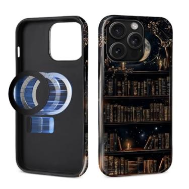 Imagem de MQJCYB Capa magnética para iPhone 14 Pro, compatível com MagSafe, capa protetora fina de TPU macio para celular feminina e meninas para iPhone 14 Pro-Dark Gothic Bookshelf Moon