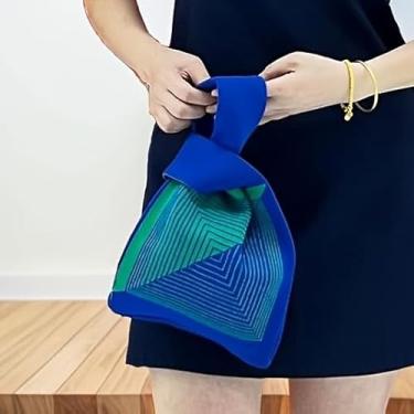 Imagem de Mini bolsa de pulso projetada esteticamente bolsa de tricô fofa e prática bolsa de nó popular bolsa de pulso bolsa de mão bolsas de nó japonês, Azul, Small