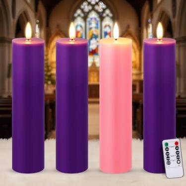 Imagem de Retisee Velas do advento sem chama com temporizador remoto, conjunto de 4 velas do advento roxas e rosa com castiçais operados por bateria, decorações de igreja de Natal, 5,6 cm x 23 cm