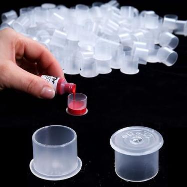 Imagem de Tampas de tinta de tatuagem pequenas, 300 peças tamanho pequeno 11 x 10 mm copos de tatuagem descartáveis com base, tampas de pigmento de plástico para recipiente de maquiagem permanente tampa de