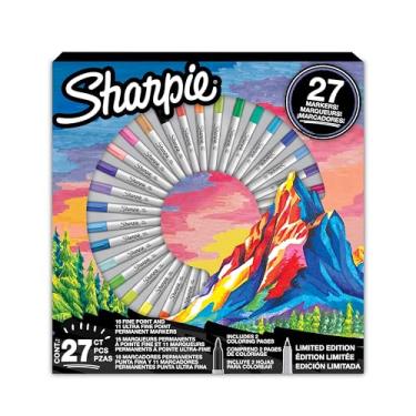 Imagem de Sharpie Conjunto de canetas marcadoras permanentes para presente | Canetas para colorir de ponta fina e ultra fina | Cores sortidas | Inclui 2 páginas para colorir | 27 canetas marcadoras