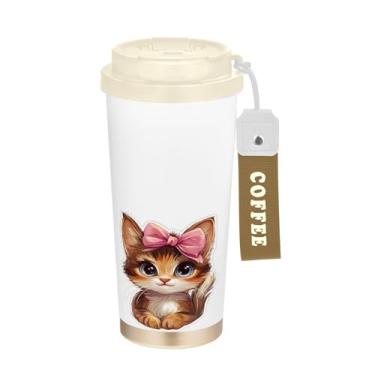 Imagem de SEHANY Caneca de viagem de gato gatinho fofo de 482 g xícaras de café reutilizáveis revestidas de cerâmica com tampa à prova de vazamento, parede dupla, isolamento a vácuo, copo de café de aço