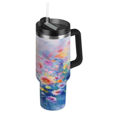 Imagem de Blueangle Copo de pintura de flores coloridas de 850 g com alça e tampa de palha, caneca de viagem de aço inoxidável isolada a vácuo de parede dupla, garrafa de água reutilizável para academia de