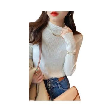 Imagem de Suéter Feminino De Tricô Slim Fit Gola Alta Vintage Liso Coreano Casua