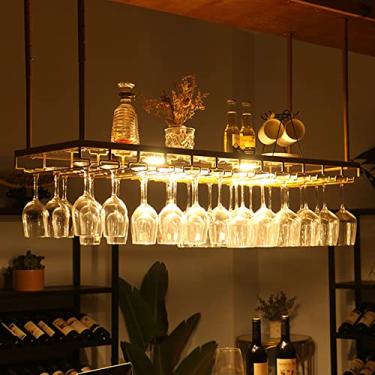 Imagem de Rack de vinho rústico montado na parede com suporte de luz e vidro, barra suspensa ajustável, suporte de garrafa de vinho, prateleiras para bar e cozinha