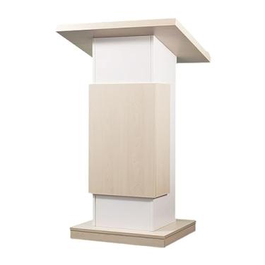 Imagem de Pódio de madeira portátil com rodas de bloqueio e slot para cartão - Suporte de palestras inclinado móvel para escritório, escola, sala de aula, sala de conferências - cor teca