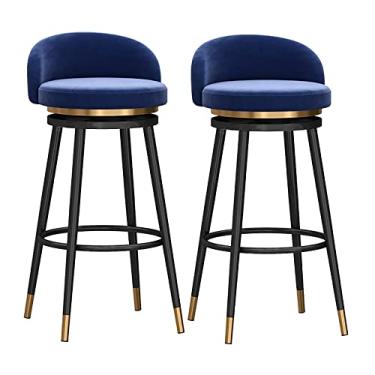 Imagem de Conjunto de 2 bancos de bar giratórios com altura de balcão com encosto, banquinhos de bar de café da manhã Farmhouse Kitchen, rotação de 360°, assento estofado de veludo, pernas de metal preto