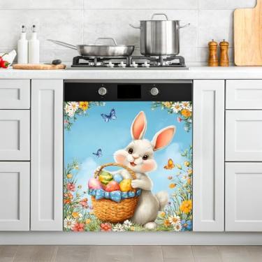 Imagem de Capa magnética para máquina de lavar louça, porta da frente, vintage, ímã de geladeira, decoração Highland Cow, adesivo magnético para utensílios de cozinha (coelho branco, 58 cm C x 66 cm)