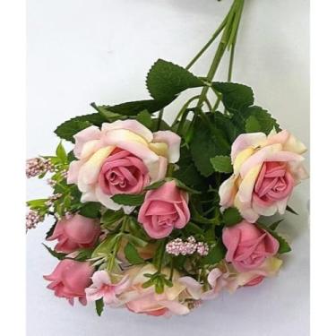 Imagem de Buquê de Rosas Artificiais – Flores de Seda 10 Galhos, 10 Flores, 32cm – Decoração, Arranjos e Centros de Mesa (4 Unidades,Creme com rosa)