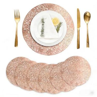 Imagem de Jogo americano redondo ouro rosa com design vazado de vinil metálico de 15,38 cm, lavável, limpável, antiderrapante, resistente ao calor, para férias, mesa de jantar, tapetes de plástico