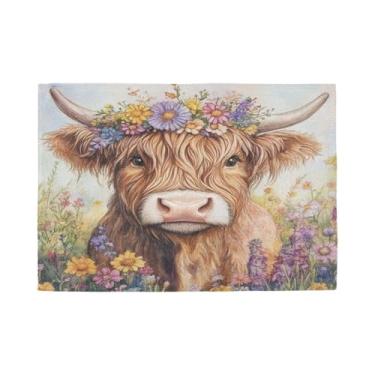 Imagem de Burbuja Jogo americano Highland Cow com flores, conjunto de 4, tapetes de mesa laváveis antiderrapantes, resistentes ao calor, para cozinha, mesa de jantar, ambientes internos e externos