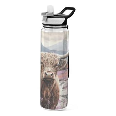Imagem de Burbuja Garrafa de água Highland Cow Painting de 940 ml com tampa de palha, à prova de vazamento e livre de BPA para academia, esportes ao ar livre