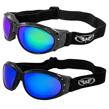 Imagem de 2 pares de óculos acolchoados Global Vision Eliminator para motociclismo pretos com lentes espelhadas verdes e azuis
