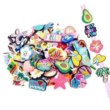 Imagem de 120 peças diferentes desenhos coloridos de verão pingentes de palha para canudos de copo de 0,9 a 1 cm, topos de palha decorativos de PVC para lembrancinhas de festa