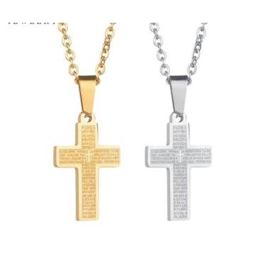 Imagem de Colar Corrente Masculino com Pingente Cruz Oração Pai Nosso Aço Inoxid