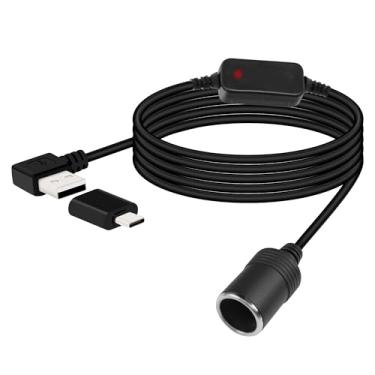 Imagem de RIIEYOCA Cabo conversor USB A macho para soquete de isqueiro com adaptador USB C, 5V a 12V 90 graus ângulo reto USB A para isqueiro fêmea adaptador para câmera de painel, detector de radar (3M)