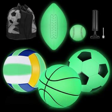 Imagem de Sratte Conjunto de 5 bolas esportivas que brilham no escuro tamanho oficial futebol basquete bola de futebol vôlei beisebol com bolsa de transporte e bomba para presente de jovens adultos (crianças)