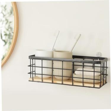 Imagem de Cesta de arame preto, cestas de armazenamento retangulares de metal com base de madeira, cesta minimalista para pendurar na parede, organizador de balcão de banheiro para cozinha e banheiro