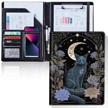Imagem de Prancheta de pasta/pasta, prancheta, carteira de escrita, couro com capa para porta-cartões, tamanho A4, para conferência de escritório, quadro de anotações, lua de gato bruxo