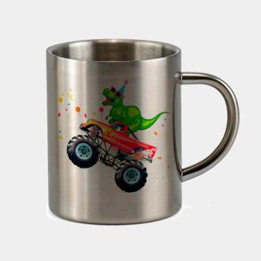 Imagem de Caneca de Inox Premium Prateada 400ml CARRO MONSTER TRUCK DINO DINOSSA