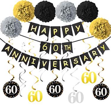 Imagem de Kit de artigos de decoração de 60 anos - Faixa de aniversário feliz com glitter dourado, 9 peças, espiral para pendurar 60, 6 peças de pompons - para decorações de festa de aniversário de casamento de 60 anos