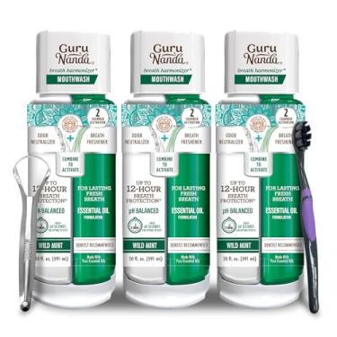 Imagem de GuruNanda Enxaguante bucal harmonizador de hálito duplo - refresca o hálito - sem álcool e flúor com cloreto de sódio e óleos essenciais - Sabor de menta selvagem, pacote com 3