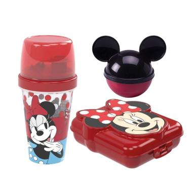 Imagem de Kit Lancheira Minnie Disney Shakeira 320ml, Sanduicheira E Porta Frutas Vermelho - Plasútil