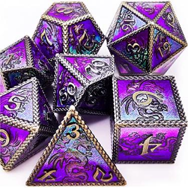 Imagem de HAOMEJA Dungeons and Dragons Dice Set - Metal 6 Sided Polyhedral Dice for Pathfinder, MTG, Board Games (D20, D12, D10, D8, D6, D4) - Silver, Blue, Purple