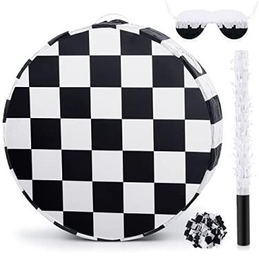 Imagem de Sosation Pequeno Tabuleiro De Damas Pinata Preto E Branco Xadrez Com Tema De Corrida Suprimentos Para Festa De Aniversário Com Bastão De Madeira Conjunto De Confetes De Venda Para Adultos Crianças Men