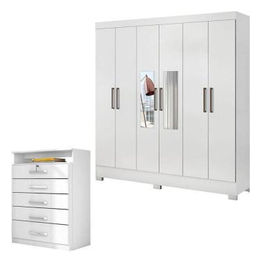 Imagem de Cômoda Triunfo E Guarda Roupa Casal Prático Branco Com Espelho - Demóbile