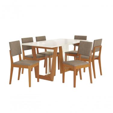 Imagem de Conjunto Mesa De Jantar Madeira Maciça Com 6 Lugares Tecido Em Linho Fendi