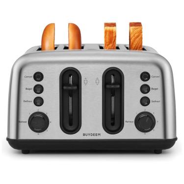 Imagem de Torradeira BUYDEEM DT440 4 Fatias em Aço Inoxidável com Slots Extra Largos para Bagels e Muffins, Controle de Tostagem, Design Retro