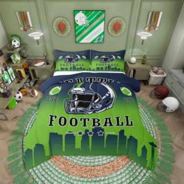 Imagem de Erosebridal Jogo de cama com edredom de futebol americano, futebol americano, jogos esportivos de rúgbi, azul, verde, macio, leve, tamanho solteiro para crianças, meninos e adolescentes (Seattle)