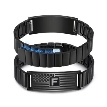 Imagem de FLHEART Pulseiras com iniciais masculinas, bandeira americana A-Z, letras maiúsculas, aço inoxidável, ajustável, joias presentes para homens, filho, neto, irmão, pai, marido, 6"-7.5", Aço inoxidável