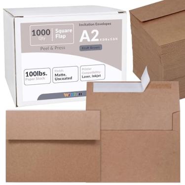 Imagem de Envelopes de convite A2 1000 peças em Kraft Brown Peel & Press Self Seal 4 3/8 x 5 3/4 Envelopes de aba quadrada RSVP Envelopes de devolução 45.4 kg para envio de anúncios cartões comemorativos 4x5