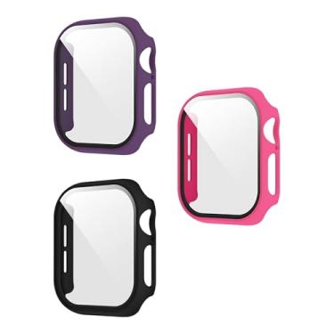 Imagem de XFEN Pacote com 3 capas multicoloridas com protetor de tela de vidro temperado para Apple Watch Series 10 de 46 mm, preto + rosa choque + roxo escuro, toque suave, fácil instalação, proteção de tela