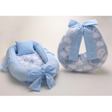 Imagem de Kit Ninho Redutor de Berço com Almofada de Amamentação para Menino, Azul (Nuvem azul)