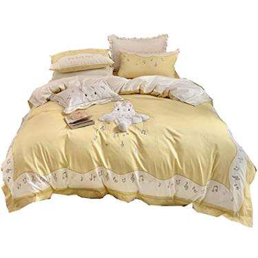 Imagem de Capa de colcha bordada de coelho fofo de quatro peças de algodão de fibra longa estilo princesa roupa de cama macia (cor: rosa, tamanho: 2 m) (amarelo 1,2 m)