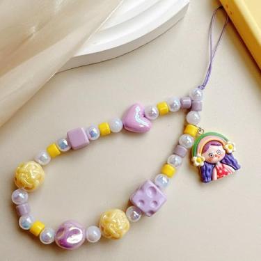 Imagem de Pingentes fofos - Chaveiro de célula estética Y2K com alça de contas - Pingente legal de coração de borboleta de urso para bolsa, decoração de pingentes de câmera (amarelo)