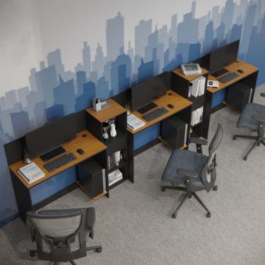 Imagem de Conjunto De Escritório Tech 2 Livreiro E 3 Mesas 90cm - Vian - Preto E Cedro Preto E Cedro