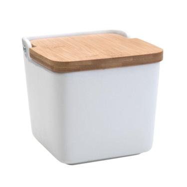 Imagem de Saleiro Grande De Cerâmica Branco Tampa Bambu Bancada