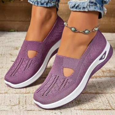 Imagem de Tênis de caminhada ortopédico feminino, respirável, confortável, para diabéticos, de malha macia, suporte de arco, Roxo escuro, 36
