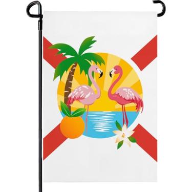 Imagem de Dacawin Bandeira de jardim da Flórida ao ar livre com flamingos palmeira flor de laranjeira pôr do sol tropical praia cena casa banner bem-vindo verão primavera quintal varanda pátio decoração sazonal