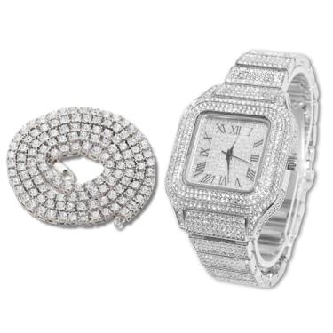 Imagem de Halukakah Diamonds Gold Watch Iced Out, pulseira masculina de quartzo banhado a ouro real 18 quilates, mostrador quadrado de 24 cm, com opções de conjunto de pulseira de colar de corrente de tênis