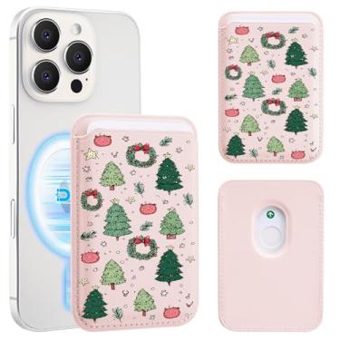Imagem de OFQKOAKS Porta-cartões magnético compatível com MagSafe para iPhone 17/16/15/14/13/12 séries, carteira de telefone com guirlanda de árvore de Natal festiva de couro rosa para mulheres e meninas