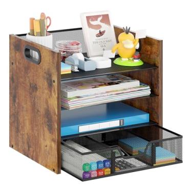 Imagem de Boershun Organizador de mesa de madeira – Organizador de arquivos de mesa de 4 camadas com gaveta, bandeja de papel de madeira, organizador de mesa de escritório para papéis, correio, cadernos